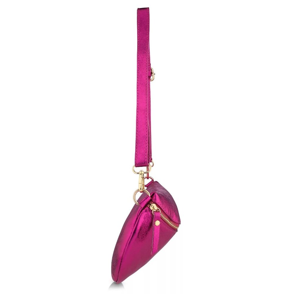 RASPBERRY METALLIC ITALIAN LEATHER HALF MOON CROSSBODY HANDBAG - Picture 3 of 4